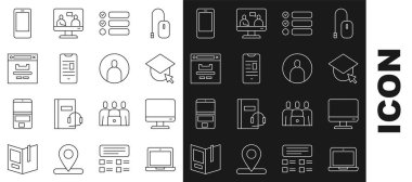 Satır dizüstünü, bilgisayar monitörü ekranını, mezuniyet kapsülü küresini, görev listesini, çevrimiçi kitap cep telefonunu, tarayıcı penceresini, cep telefonunu ayarla ve hesap simgesi oluştur. Vektör