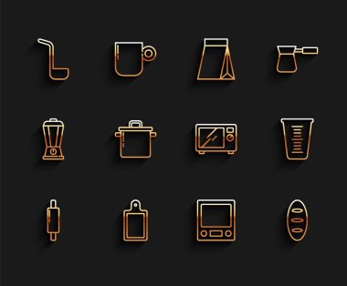 Yuvarlanan iğne, kesme tahtası, mutfak kepçesi, elektronik pullar, ekmek somunu, pişirme kabı, ölçüm kabı ve mikrodalga fırın ikonu. Vektör