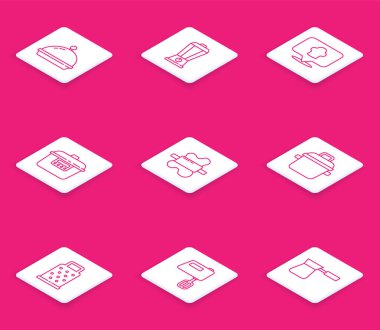 Hattı yemek tepsisi, blender, aşçı şapkası konumu, yavaş pişirme fırını, merdane hamuru, pişirme kabı, rende ve elektrikli mikser ikonu ile kaplayın. Vektör