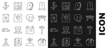 Morgda ölü beden, Hammer, haçlı tabut, mezar, ölüm sertifikası, çiçek gülü ve kafatası ikonu. Vektör