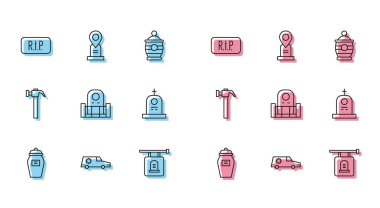 Cenaze vazosu, cenaze arabası, konuşma baloncuğu gibi ölüm, mezar taşı, mezar taşı, çekiç ve mezar ikonu. Vektör