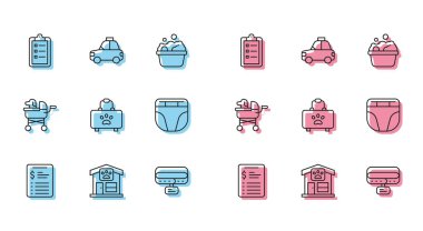 Bakım salonu fiyat listesi, hayvan bakımı, yaka kartı, ilk yardım çantası, köpek için bebek bezi, bebek arabası ve araba taksi ikonu. Vektör