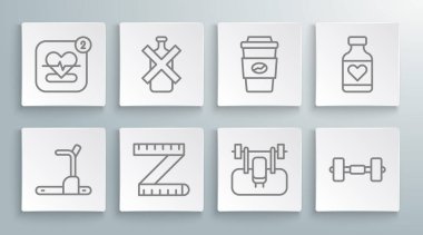Koşu bandı, alkol yok, mezura yok, bant ölçüsü, bant, Dumbbell, kahve kupası paket, vitamin hapı ve gezici kalp atış hızı ikonu. Vektör