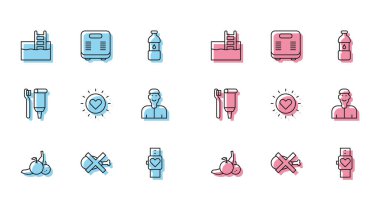 Meyve yok, et yok, merdivenli yüzme havuzu, akıllı saat, güneş, olumlu düşünme, diş fırçası ve diş macunu ve banyo terazisi ikonu. Vektör