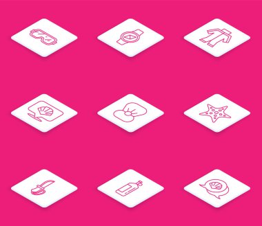 Dalış maskesi, pusula, dalgıç giysisi, deniz kabuğu inci, denizyıldızı, bıçak ve Aqualung ikonu. Vektör