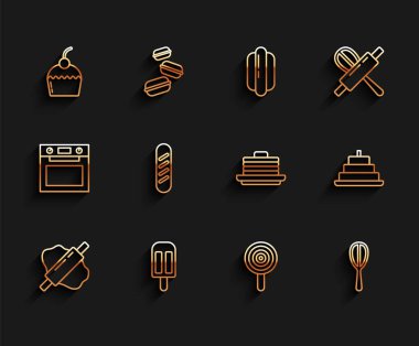 Hamur, dondurma, pasta, lolipop, mutfak çırpısı, Fransız baget ekmeği, yanan mumlar ve krep ikonu yığını. Vektör