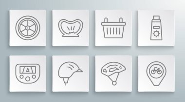 Hat GPS cihazını harita, bisiklet lastiği, kask, konum bisikleti, sepet, tüp ve tekerlek simgesinde güneş kremi ile ayarla. Vektör