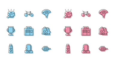 Güneş kremini tüpe, bisiklet kilidine, zile, pedala, tamir servisine, eldivenlere, bisiklet ve ikona sahip ödül kupasına yerleştir. Vektör