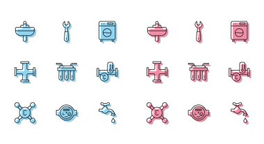 Hattı, musluğu, sayacı, lavaboyu, filtreyi, endüstriyel metalik boruyu ve İngiliz anahtarı simgesini ayarla. Vektör