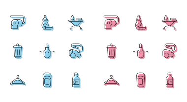 Askı dolabı, paçavra, tuvalet kağıdı rulosu, temizlik malzemesi şişesi mutfak önlüğü, elektrikli süpürge, çöp tenekesi ve bulaşık deterjanı. Vektör