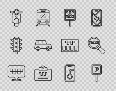 Taksi, park yeri, trafik levhası, taksi ehliyeti, Scooter, araba, harita navigasyonu ve büyüteç araba ikonu. Vektör