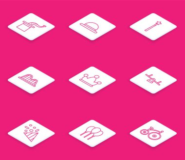 Sihirbaz şapkası, Palyaço, değnek, roller coaster, zilli soytarı, tahterevalli konfeti ve balon kurdele ikonu. Vektör