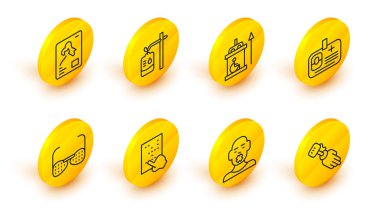 Set line Prosthesis hand, Head of deaf dumb, Braille, Blind glasses, Identification badge, Elevator for disabled, IV bag and X-ray shots icon. Vector