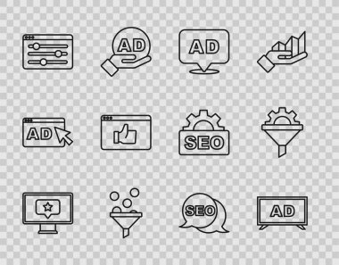 Yıldız, Reklamcılık, Öncü Yönetim, Tarayıcı ayarı, Müşteri ürün derecesi, SEO optimizasyon ve satış huni dişli ikonu ile satır Monitörü ayarlayın. Vektör