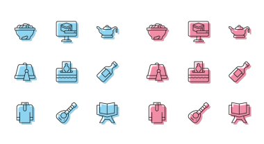 Sıra Shirt Kurta, Lavta, Tarih meyvesi, Kuran 'ın kutsal kitabı, sadaka, şişe suyu, Türk şapkası ve Kabe camisi ikonu. Vektör