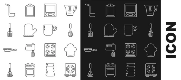 Set line Estufa eléctrica, sombrero de chef, batidor de cocina, básculas electrónicas, guante de horno, espátula, cucharón y taza de café icono. Vector — Vector de stock