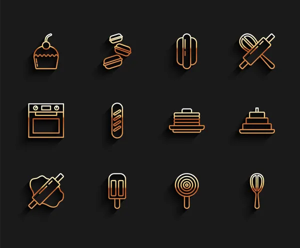 Set line Rolling pin on tough, Ice cream, Cake, Lollipop, Kitchen whisk, French baguette bread, with burning candles and Stack of pancakes icon. Vector — Archivo Imágenes Vectoriales