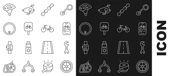 Hat, bisiklet tekerleği, İngiliz anahtarı, kiralık mobil uygulama, zincir, park, miğfer ve simge. Vektör — Stok Vektör