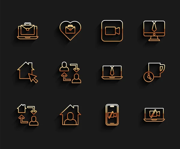 オンライン作業を設定し、ビデオカメラモバイル、ラップトップ、プロジェクトチームベース、時間管理、チャット会議のアイコンでオフにします。ベクトル — ストックベクタ