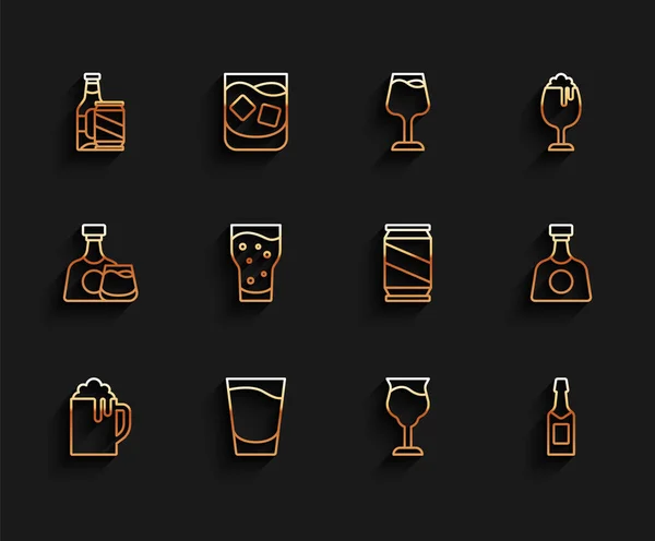 Set line Tasse à bière en bois, Verre à feu, Bouteille et boîte de bière, Vin, Champagne, Verre de, Tequila et icône. Vecteur — Image vectorielle