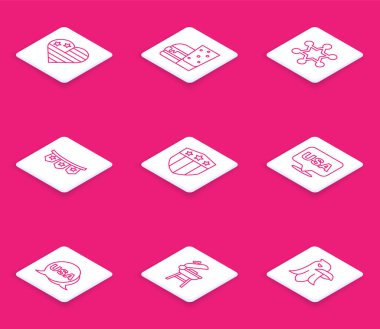 ABD Bağımsızlık Günü, Burger, Hexagram Şerifi, bayraklı karnaval çelengi, Kalkan yıldızları ve ızgara ikonu. Vektör