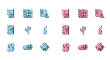 Bilgisayar faresi, Video grafik kartı, SD, işlemcili işlemci, USB, sabit disk sürücüsü HDD ve daha havalı simge ayarla. Vektör