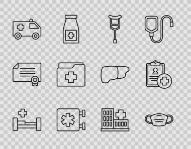 Sıralı hastane yatağı, tıbbi koruyucu maske, koltuk değneği ya da koltuk değneği, acil durum - Yaşam Yıldızı, ambulans arabası, hasta kaydı, bina ve ikon. Vektör