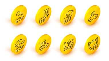 Satır kalkanını dolar, ev, araba kalkanı, kiralama, kredi kartı ve anahtar ikonu ile ayarla. Vektör