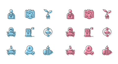 Elektrikli araba, araba tamircisi, motor, şarj istasyonu, geri dönüşüm sembollü Eco ve Battery. Vektör