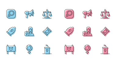 Feminist aktivist, feminizm, erkek cinsiyeti, münazara kürsüsü, prezervatif paketi ve ikon. Vektör