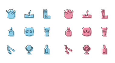 Düz çizgi, el aynası, bıyık sakalı, bir şişe şampuan, berber dükkanı, tıraş fırçası, tıraş losyonu ve insan saç kökü ikonu. Vektör