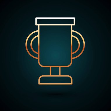 Koyu mavi arka planda izole edilmiş bisiklet ikonu olan altın çizgi ödül kupası. Galibiyet ödülü sembolü. Şampiyonluk ya da yarışma kupası. Spor başarısı. Vektör