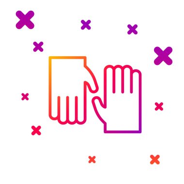 Beyaz arka planda izole edilmiş renkli lastik eldiven simgesi. Lateks el koruması işareti. Ev işi temizlik ekipmanları sembolü. Kademeli rastgele dinamik şekiller. Vektör