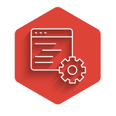 Beyaz çizgi bilgisayar arayüzü simgesi uzun gölgeyle izole edildi. Uygulama programlama arayüzü API teknolojisi. Yazılım entegrasyonu Kırmızı altıgen düğmesi. Vektör