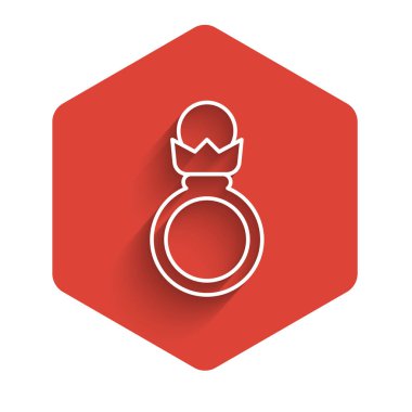Beyaz çizgi Elmas nişan yüzüğü ikonu uzun gölge arkaplan izole. Kırmızı altıgen düğmesi. Vektör
