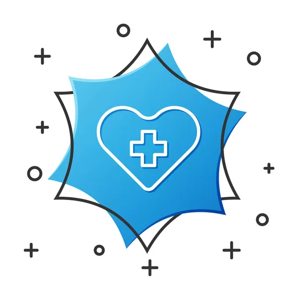 Línea blanca Corazón con un icono de cruz aislado sobre fondo blanco. Primeros auxilios. Signo de atención sanitaria, médica y farmacia. Botón hexágono azul. Ilustración vectorial — Vector de stock