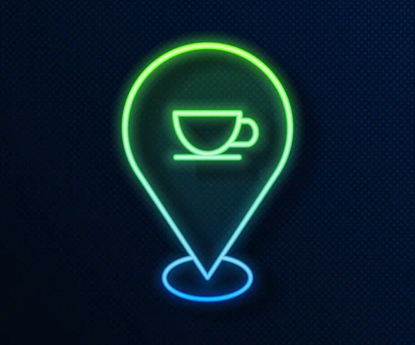Brillante línea de neón Ubicación con el icono de la taza de café aislado sobre fondo azul. Vector — Vector de stock