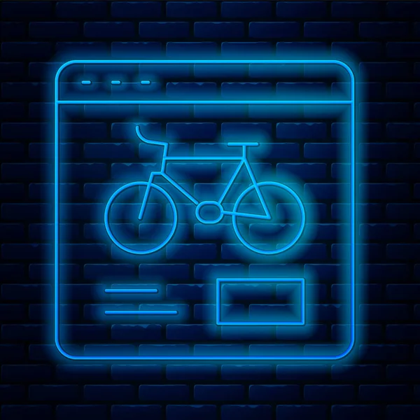 Glowing neon line Bicycle 렌터카 모바일 앱 아이콘 벽돌 벽 배경에 분리. 시내에 자전거 렌터카용으로는 똑똑 하죠. 공유 시스템을 위한 모바일 앱. Vector — 스톡 벡터