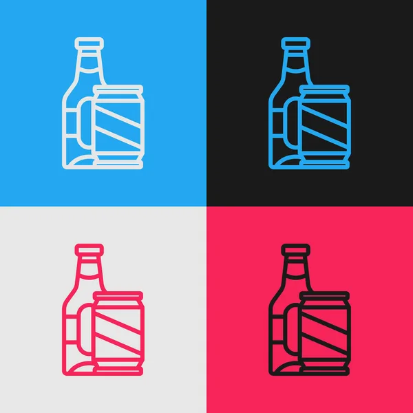 Pop art ligne bouteille de bière et bière peut icône isolée sur fond de couleur. Vecteur — Image vectorielle
