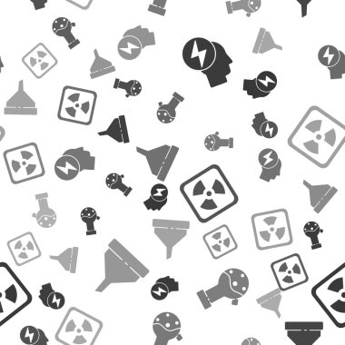 Baş ve elektrik sembolü, test tüpü ve matara kimyasalı, radyoaktif ve huni ya da filtreyi pürüzsüz desen üzerine ayarla. Vektör