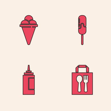 İnternetten sipariş ve teslimat ayarla, dondurma külahı ve sos şişesi ikonu. Vektör