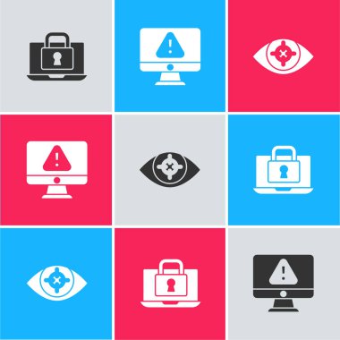 Dizüstü bilgisayarı ve kilidi ayarla, ünlem işareti ve göz tarama simgesi ile monitörü ayarla. Vektör