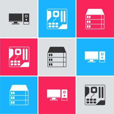 Bilgisayar monitörünü, anakart dijital çipi ve sunucuyu, Data 'yı, Web sunucu simgesini ayarla. Vektör