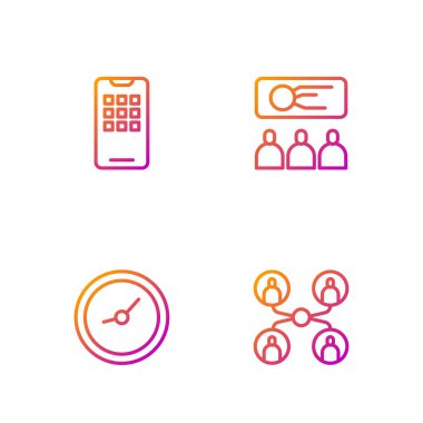 Çevrimiçi sınıf, saat, cep telefonu ve eğitim, sunum ayarla. Renk simgeleri. Vektör