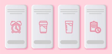 Alarm saatini, su bardağı ve spor eğitim programını ayarla. Beyaz dikdörtgen düğme. Vektör