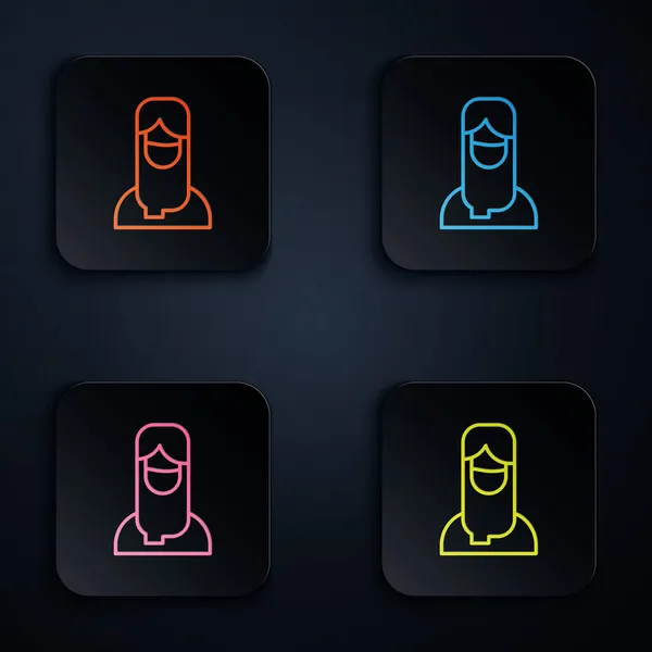 Farbige Neon-Linie muslimische Frau im Hijab-Symbol isoliert auf schwarzem Hintergrund. Setzen Sie Symbole in quadratischen Tasten. Vektor — Stockvektor