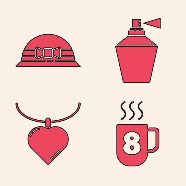 Set tasse de café avec 8 Mars, Chapeau élégant femmes, Parfum et collier avec icône pendentif en forme de coeur. Vecteur — Image vectorielle