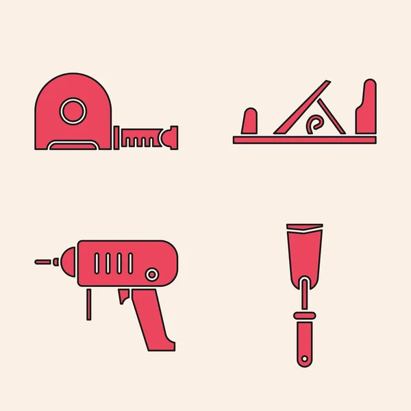 Set Putty Messer, Roulette-Konstruktion, Holz-Hobel-Werkzeug und elektrische Bohrmaschine Symbol. Vektor — Stockvektor