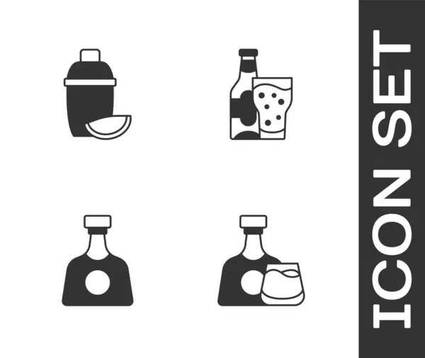Whiskey palack és üveg, koktélkeverő lime-mal, tequila és sör ikon. Vektor — Stock Vector