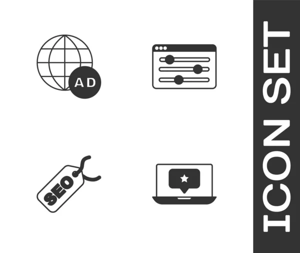 Ustaw Laptop z gwiazdą, Reklama, Optymalizacja SEO i ikona ustawień przeglądarki. Wektor — Wektor stockowy